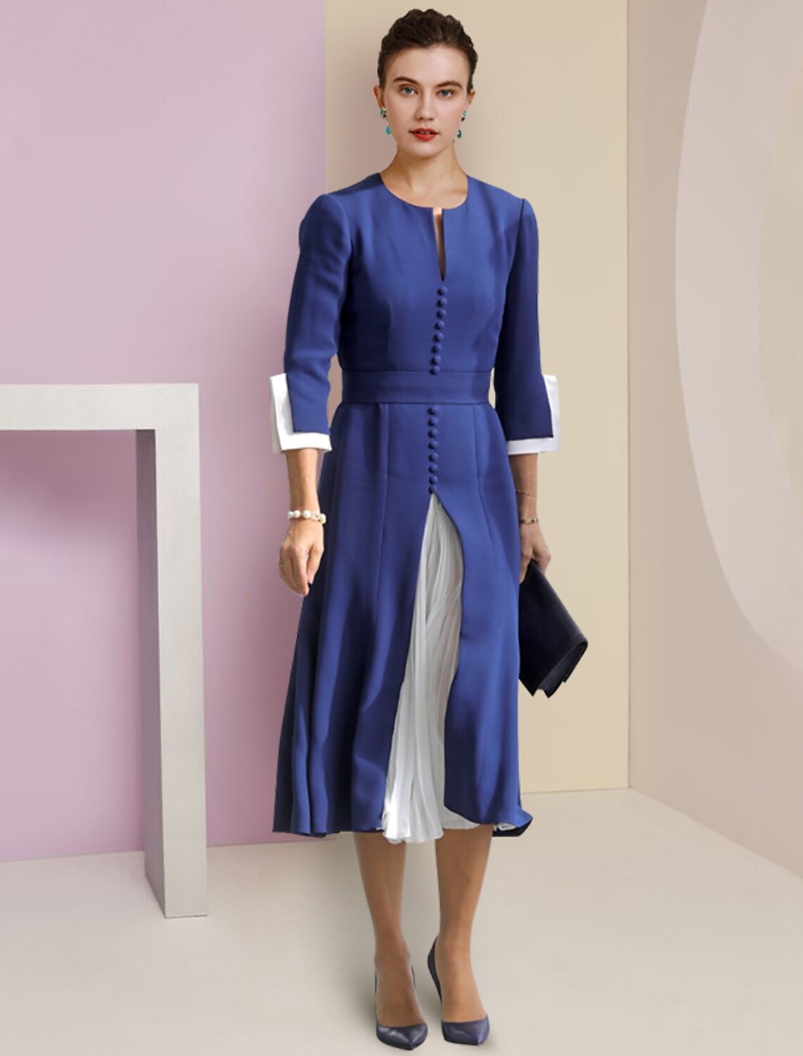 Abito da cerimonia per la madre della sposa, a trapezio, elegante, in chiffon, con scollo a barchetta, lunghezza tè, maniche a 3/4, con bottoni, color block